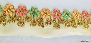 Gold Sheer Tissue Fabric Trim With Embroidered Pastel Pink, Green & Gold Flowers, Embellished With Beads